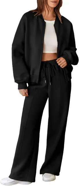 Aleumdr Women's 2 Piece Outfits Oversized Fleece Sweatsuit Zip Up Long Sleeve Sweatshirt with Wide Leg Sweatpants