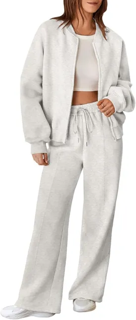 Aleumdr Women's 2 Piece Outfits Oversized Fleece Sweatsuit Zip Up Long Sleeve Sweatshirt with Wide Leg Sweatpants