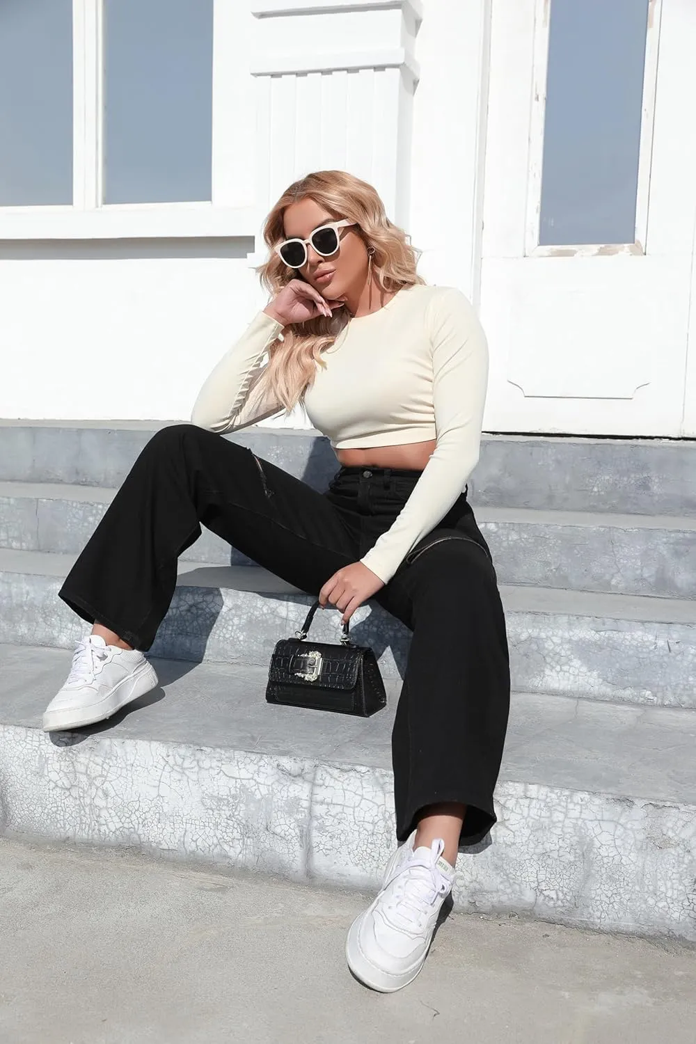 Aodrusa Ripped Wide Leg Jeans for Women Mom Baggy Straight Leg Stretchy Boyfriend Trendy Trouser Denim Pants