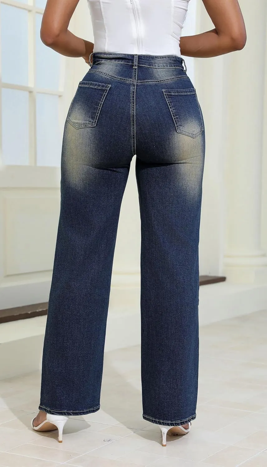 Aodrusa Ripped Wide Leg Jeans for Women Mom Baggy Straight Leg Stretchy Boyfriend Trendy Trouser Denim Pants