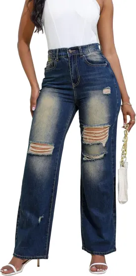 Aodrusa Ripped Wide Leg Jeans for Women Mom Baggy Straight Leg Stretchy Boyfriend Trendy Trouser Denim Pants