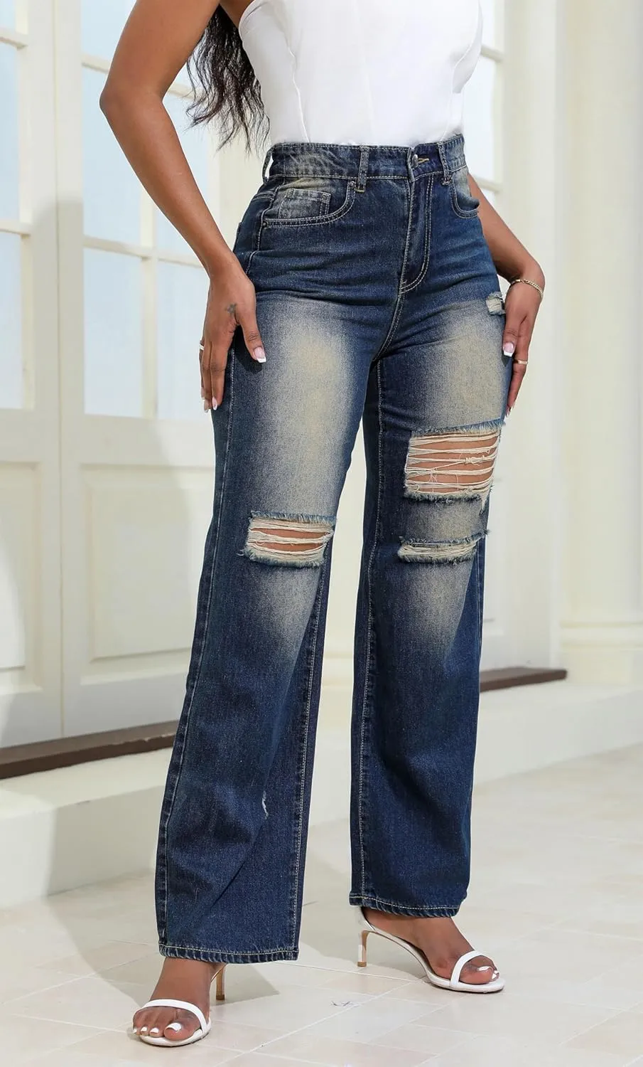 Aodrusa Ripped Wide Leg Jeans for Women Mom Baggy Straight Leg Stretchy Boyfriend Trendy Trouser Denim Pants