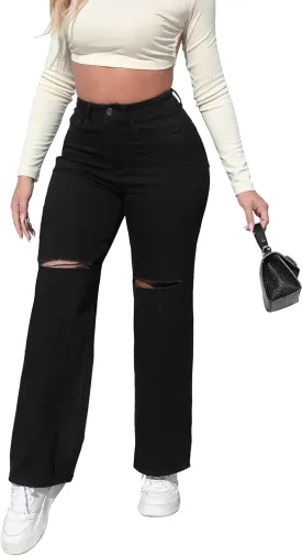 Aodrusa Ripped Wide Leg Jeans for Women Mom Baggy Straight Leg Stretchy Boyfriend Trendy Trouser Denim Pants