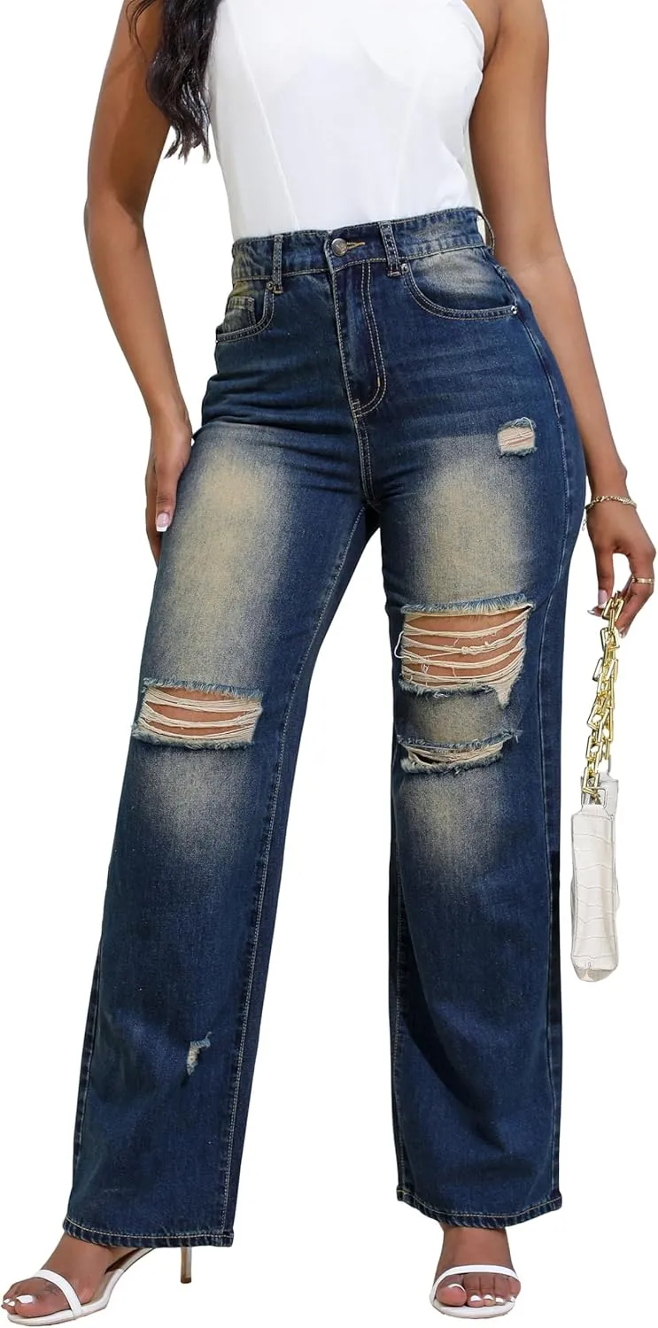 Aodrusa Ripped Wide Leg Jeans for Women Mom Baggy Straight Leg Stretchy Boyfriend Trendy Trouser Denim Pants