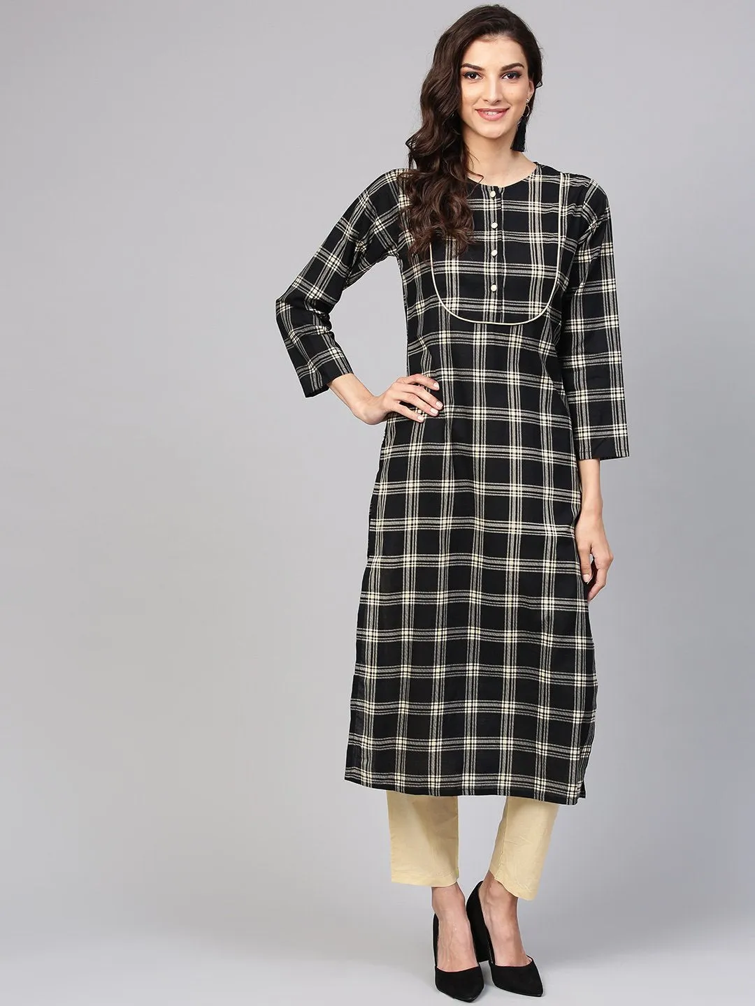 Black & Cream Checked Kurta Set With Solid Cream Pants