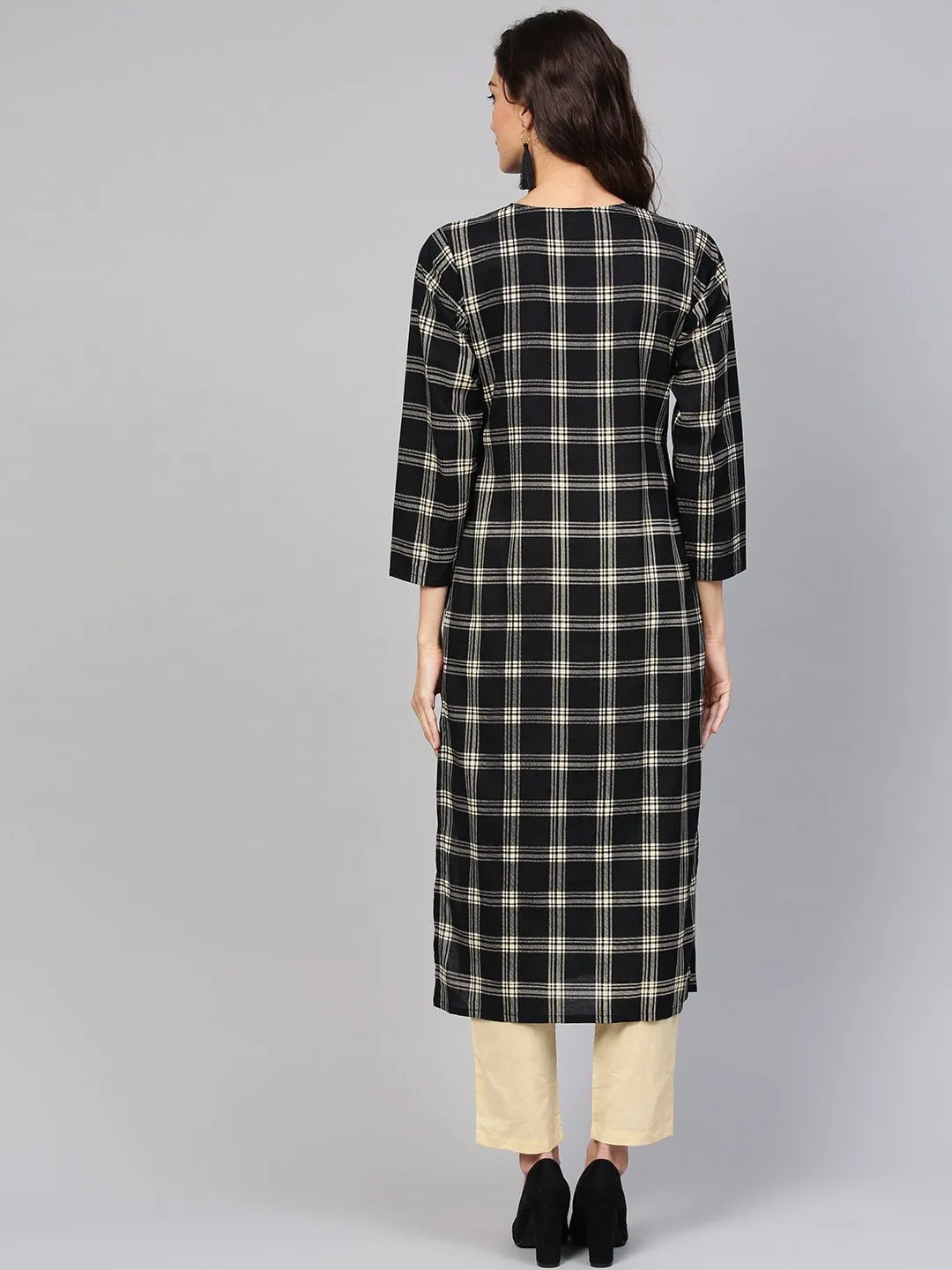 Black & Cream Checked Kurta Set With Solid Cream Pants