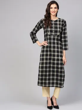 Black & Cream Checked Kurta Set With Solid Cream Pants