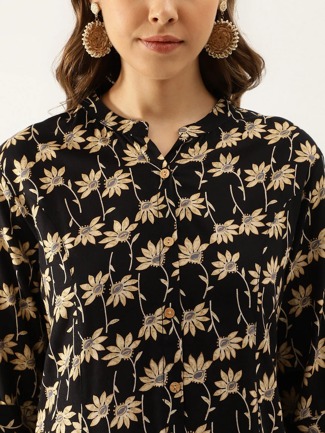 Black Floral Printed Rayon Shirt Type Top For Women