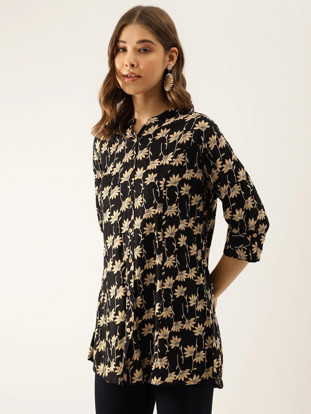 Black Floral Printed Rayon Shirt Type Top For Women