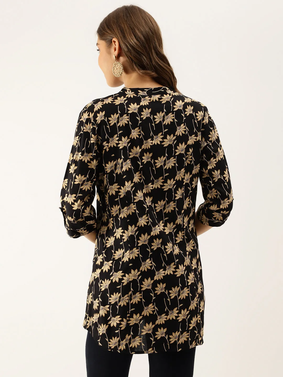 Black Floral Printed Rayon Shirt Type Top For Women