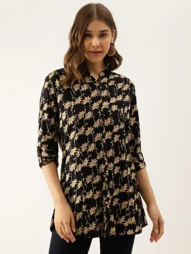 Black Floral Printed Rayon Shirt Type Top For Women