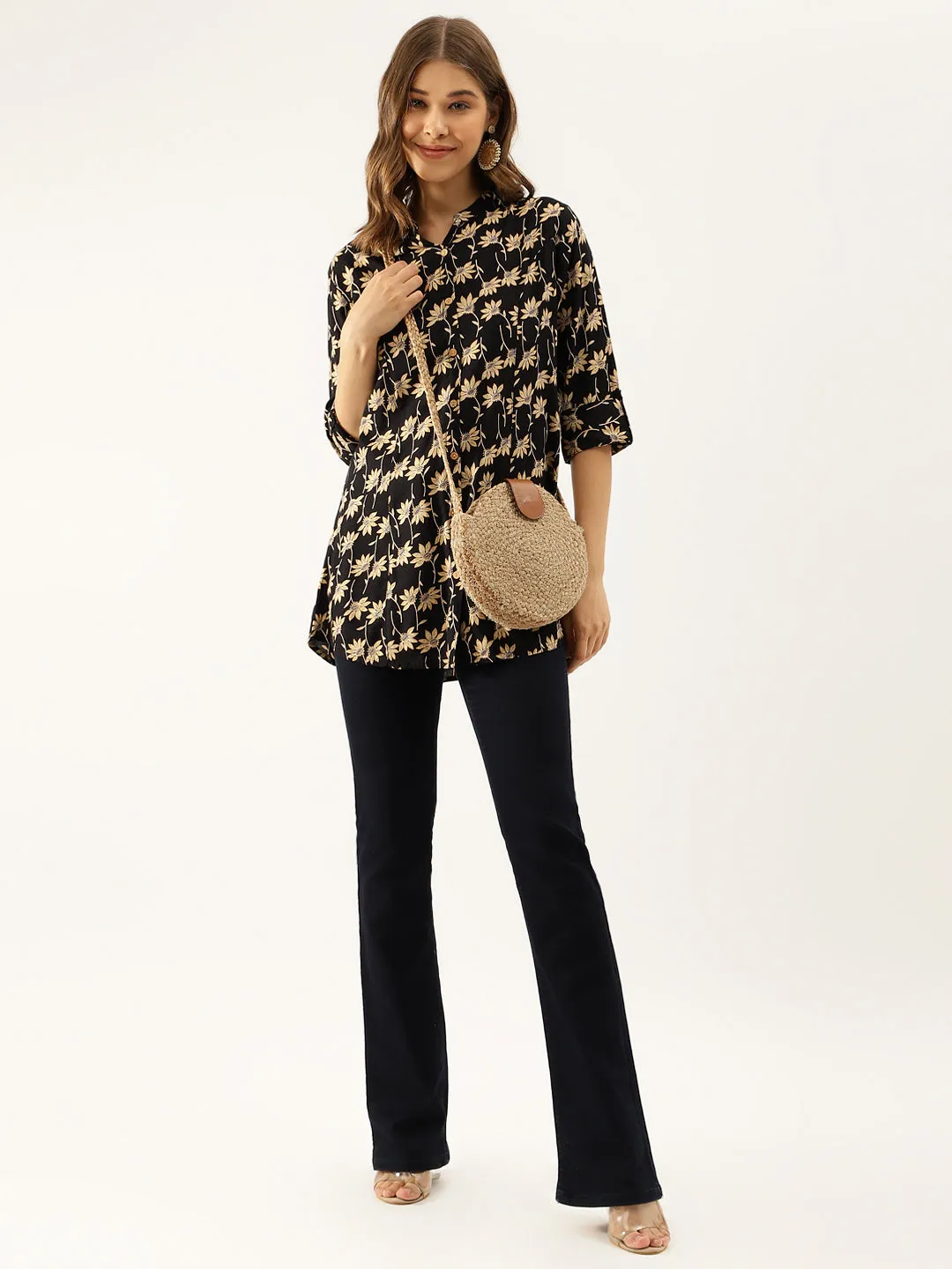 Black Floral Printed Rayon Shirt Type Top For Women