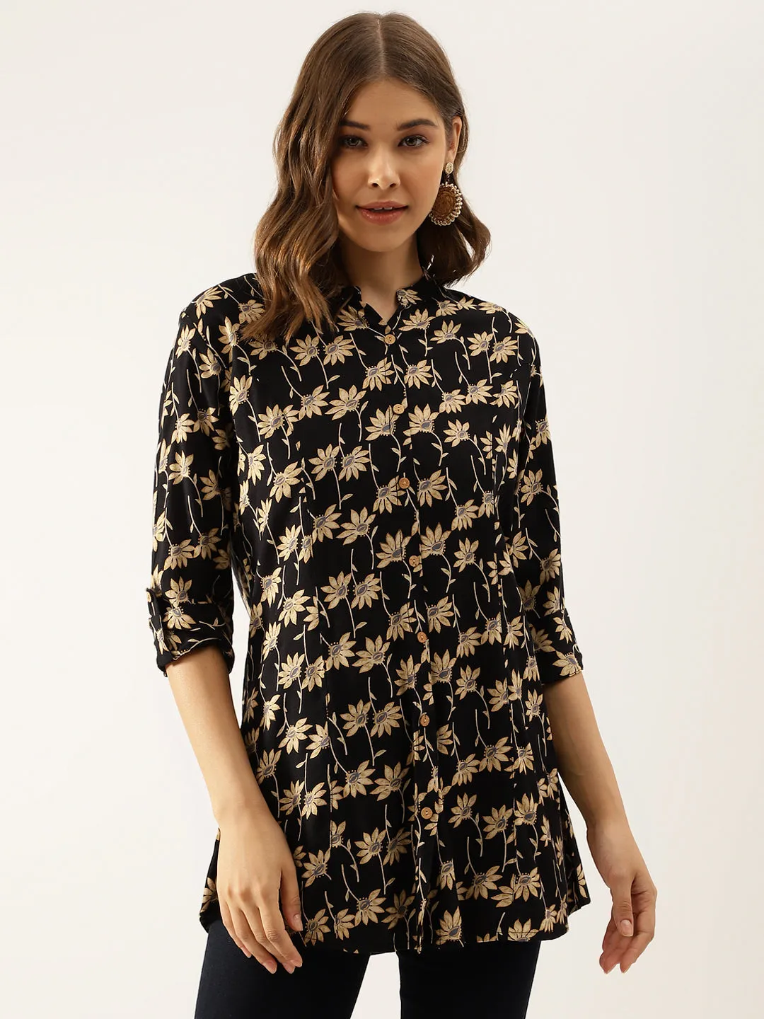 Black Floral Printed Rayon Shirt Type Top For Women