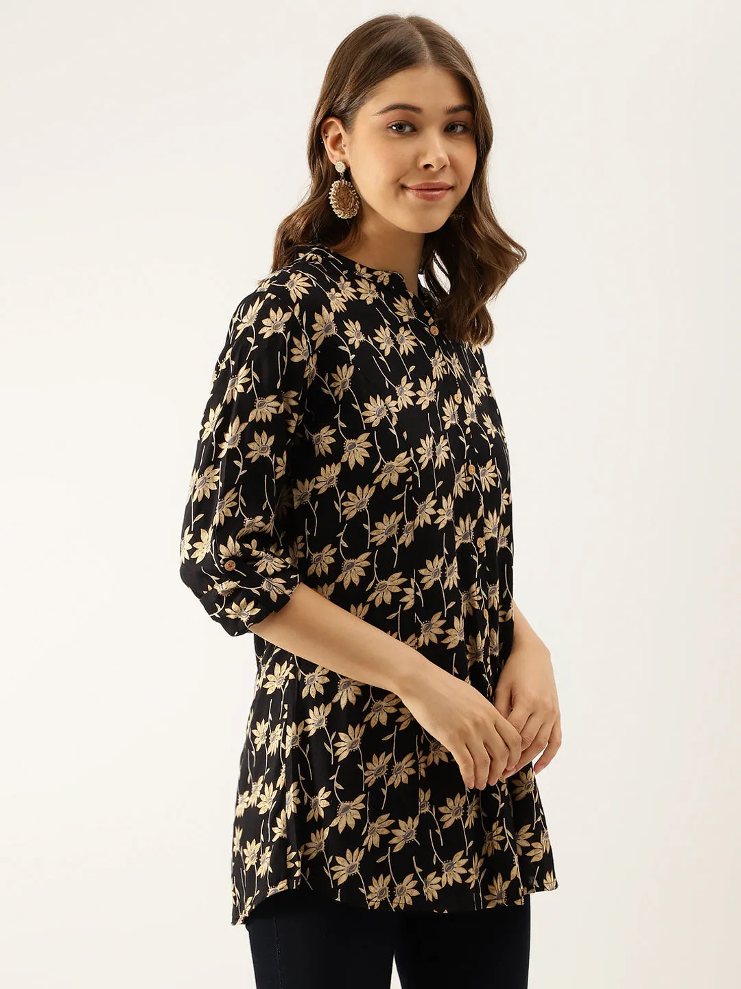 Black Floral Printed Rayon Shirt Type Top For Women