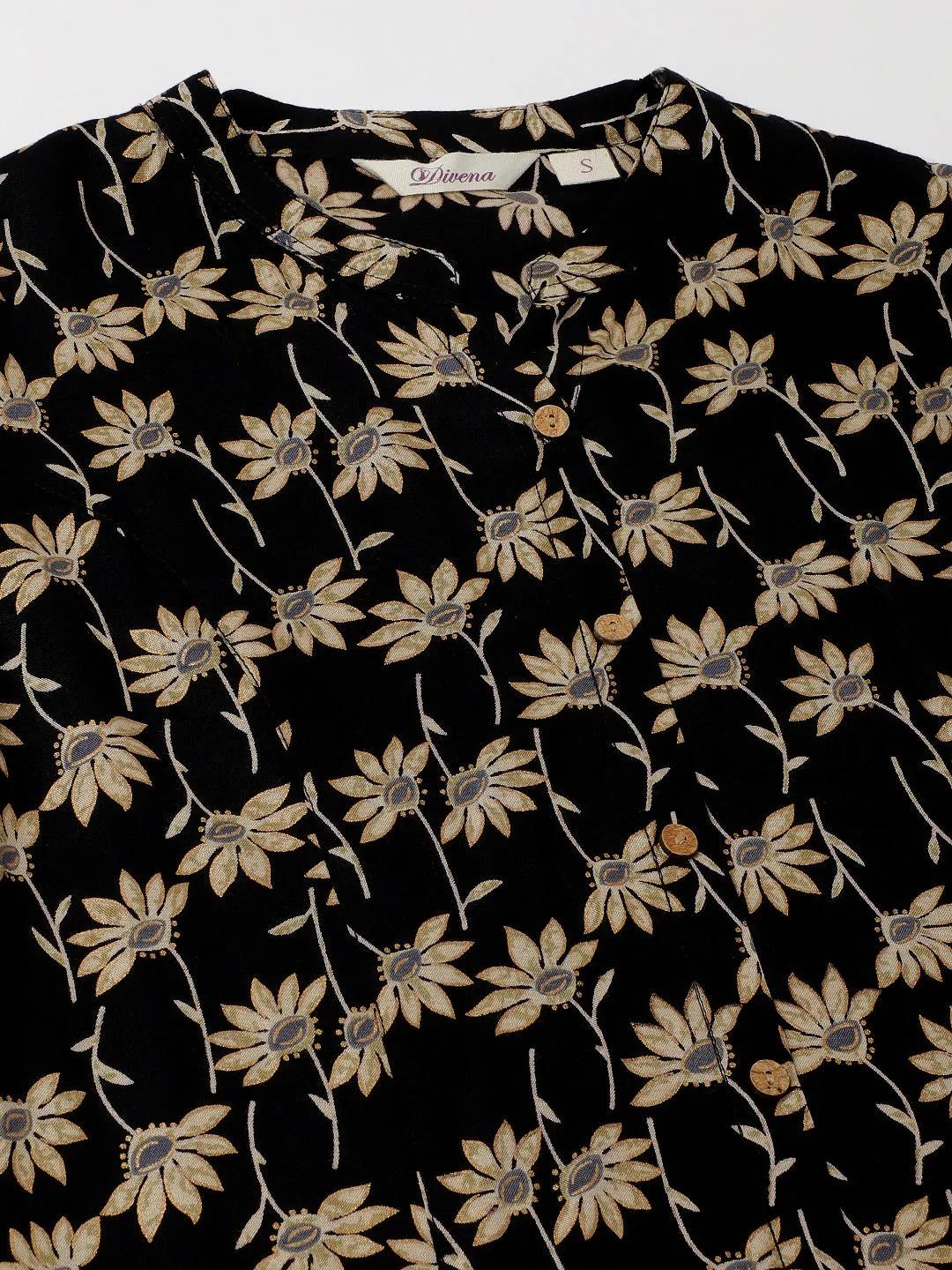 Black Floral Printed Rayon Shirt Type Top For Women