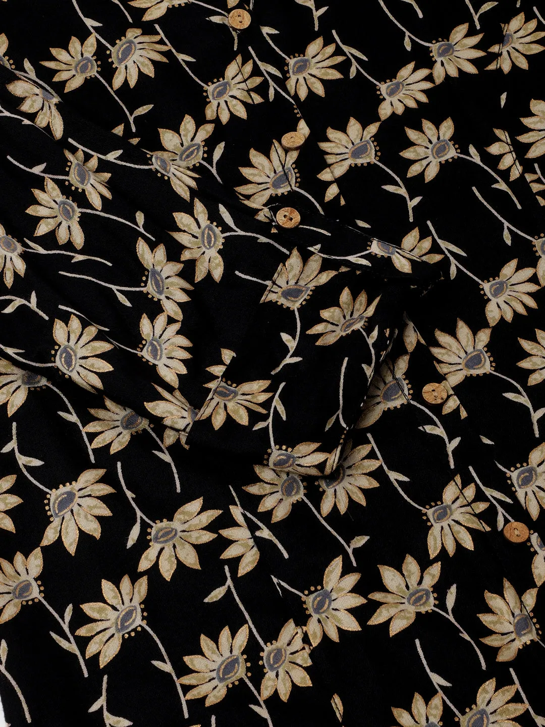 Black Floral Printed Rayon Shirt Type Top For Women