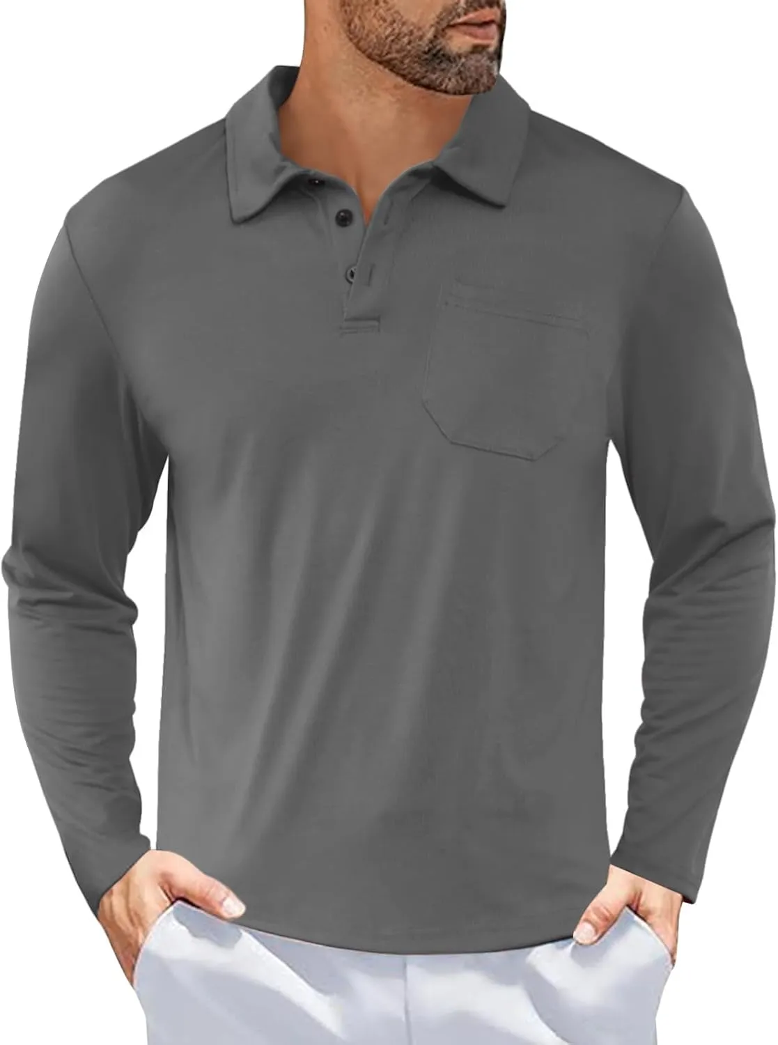 Casual Men's Long Sleeve Polo Shirt Dress Button Solid Color Collared Golf Tops with Pocket