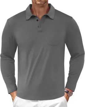 Casual Men's Long Sleeve Polo Shirt Dress Button Solid Color Collared Golf Tops with Pocket