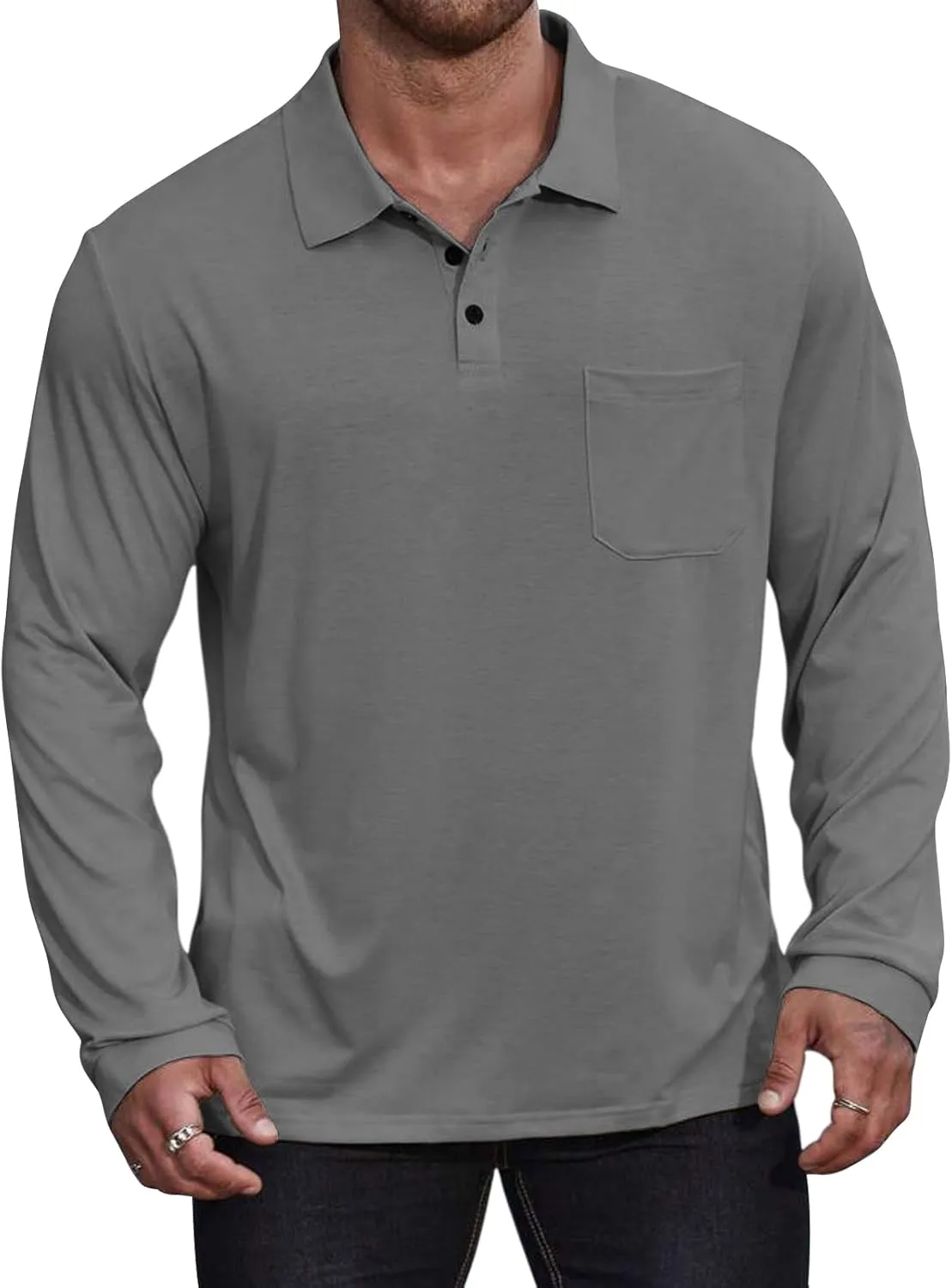 Casual Men's Long Sleeve Polo Shirt Dress Button Solid Color Collared Golf Tops with Pocket