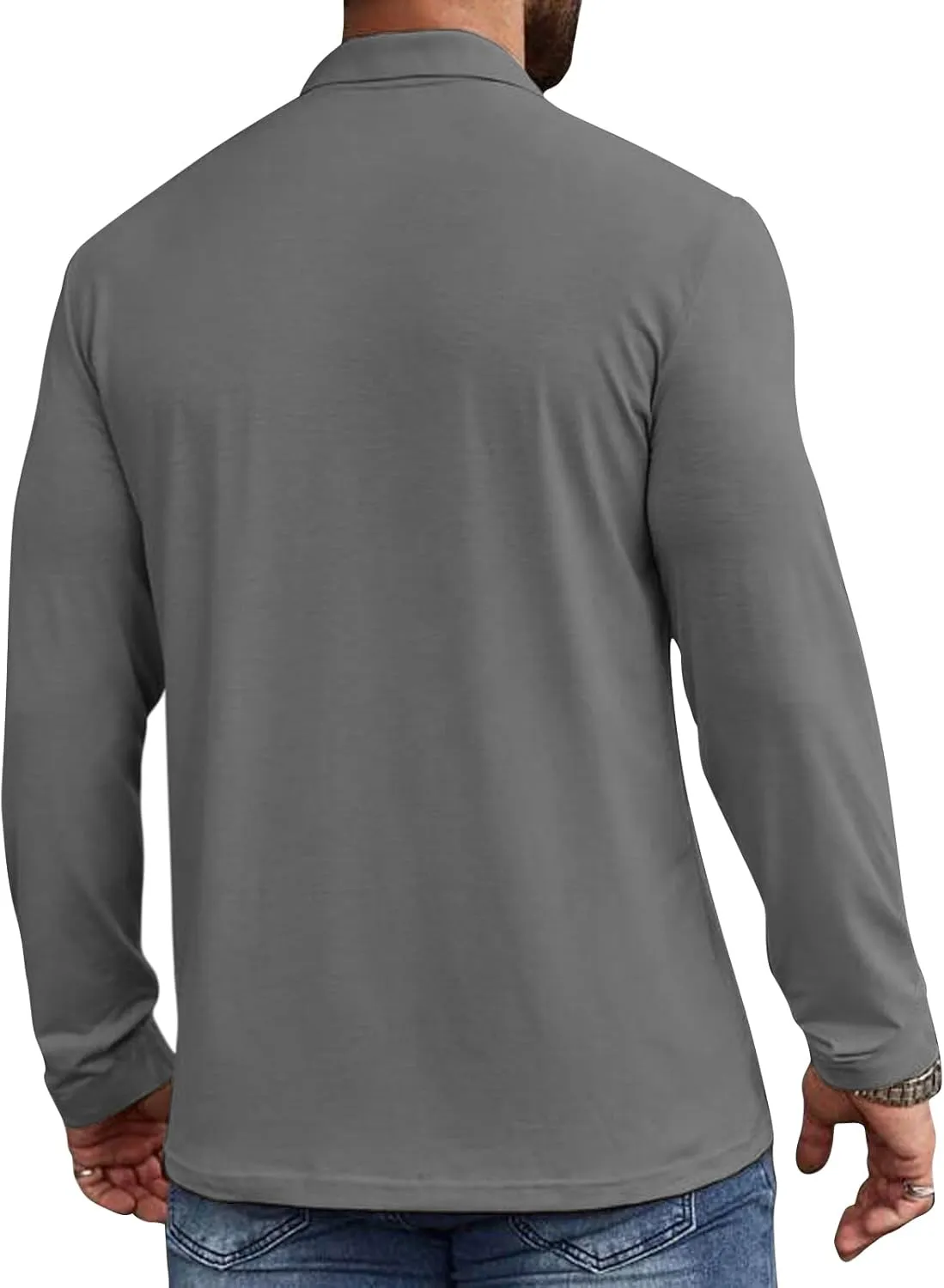 Casual Men's Long Sleeve Polo Shirt Dress Button Solid Color Collared Golf Tops with Pocket