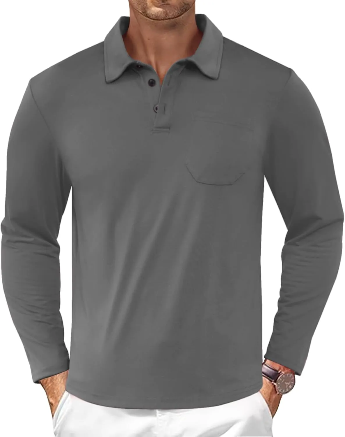 Casual Men's Long Sleeve Polo Shirt Dress Button Solid Color Collared Golf Tops with Pocket