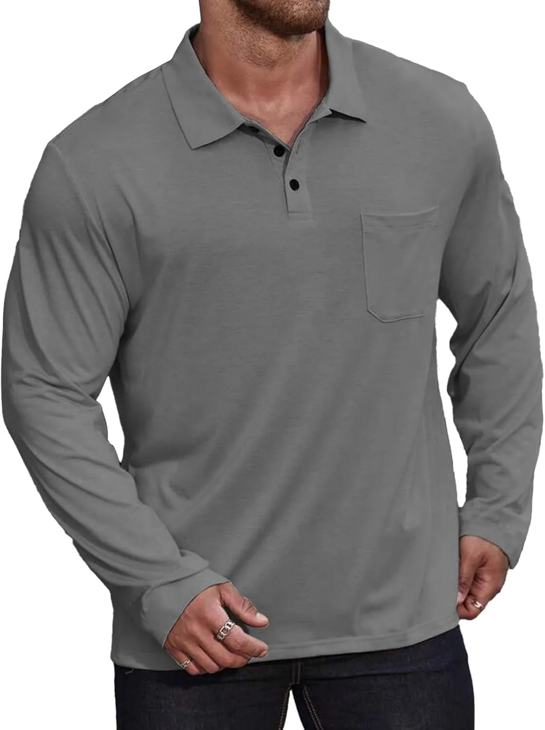 Casual Men's Long Sleeve Polo Shirt Dress Button Solid Color Collared Golf Tops with Pocket