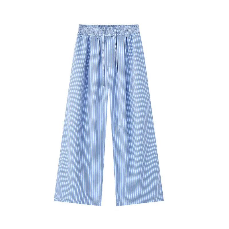 Casual Pants Korean Style Stripe Solid Color Trend Summer Lace-up Elastic Waist Male Wide Leg Trousers 9C5441