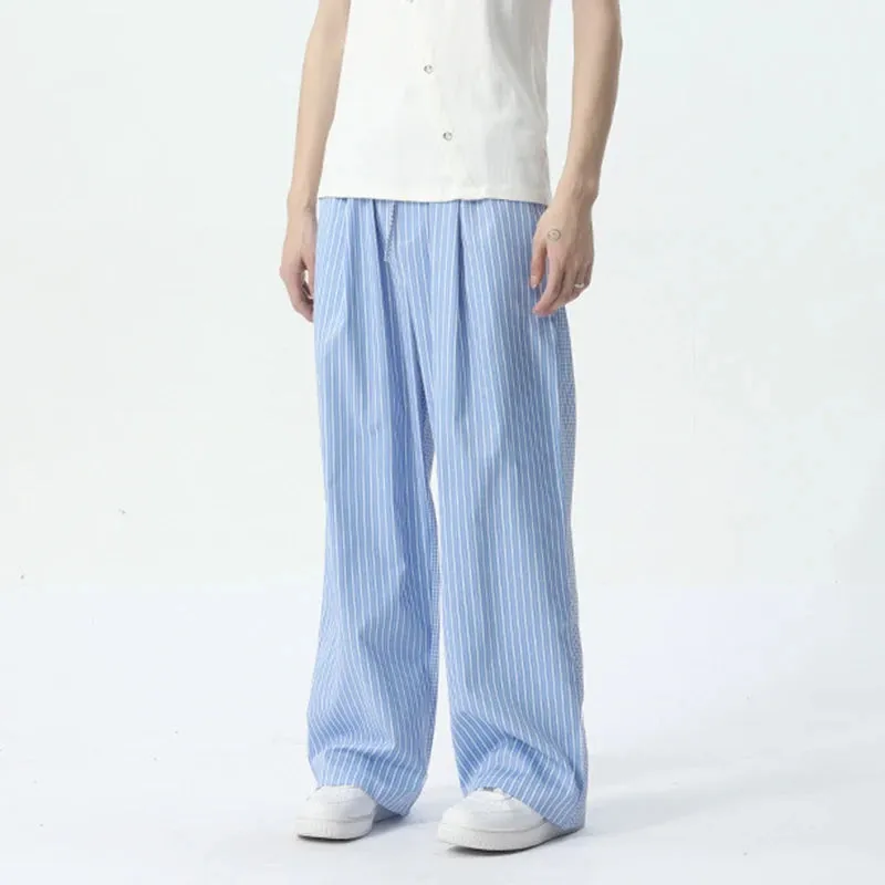 Casual Pants Korean Style Stripe Solid Color Trend Summer Lace-up Elastic Waist Male Wide Leg Trousers 9C5441