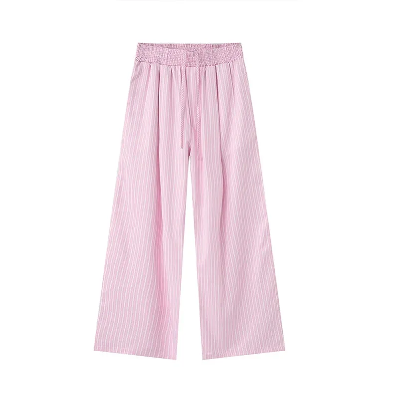 Casual Pants Korean Style Stripe Solid Color Trend Summer Lace-up Elastic Waist Male Wide Leg Trousers 9C5441