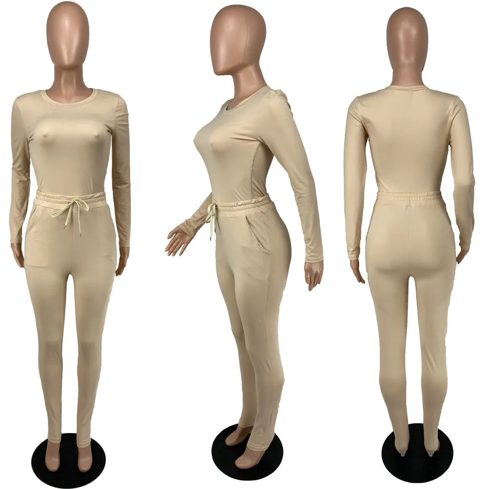 Casual Solid Color Slim Fit Long Sleeve Two Piece Set（AY1791）