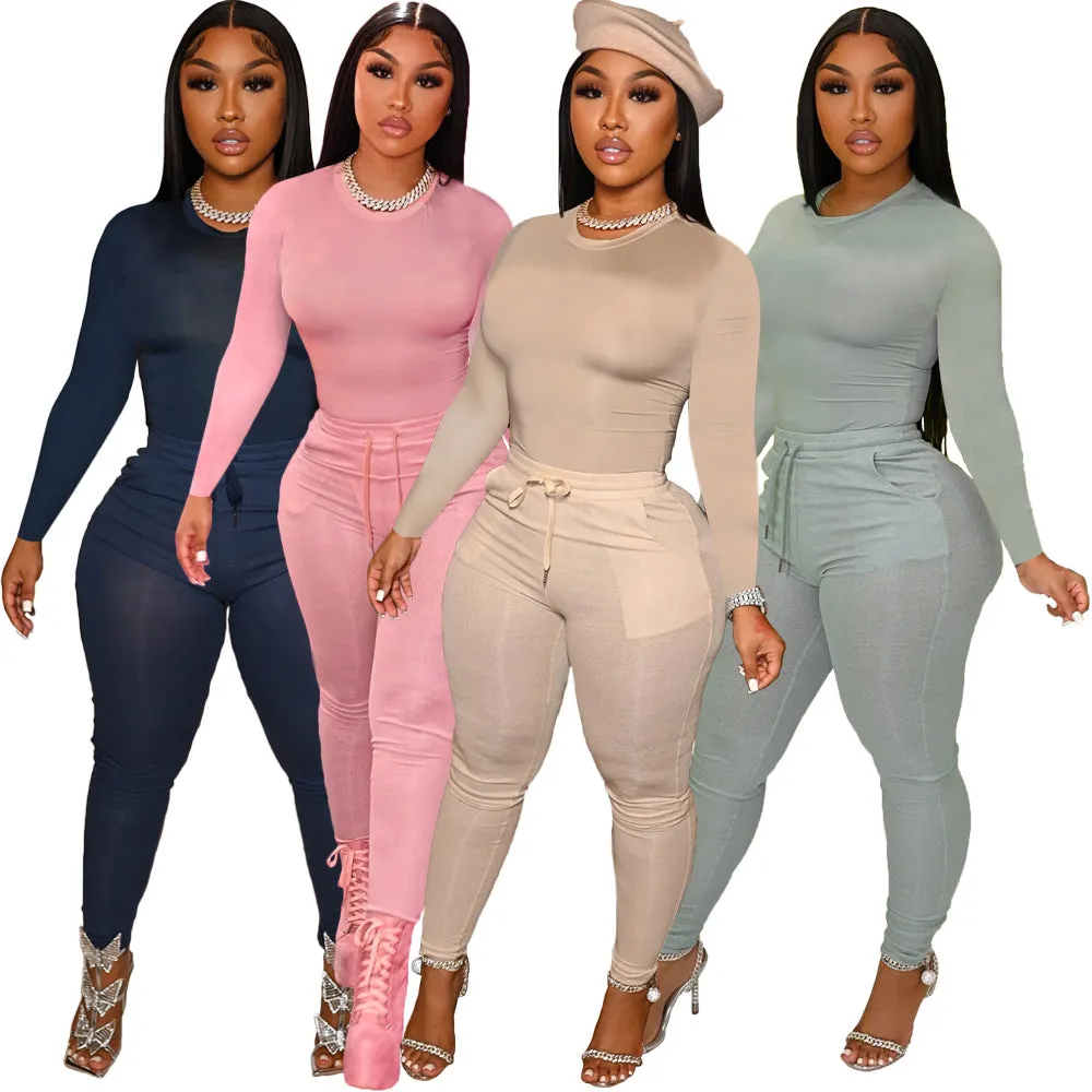 Casual Solid Color Slim Fit Long Sleeve Two Piece Set（AY1791）