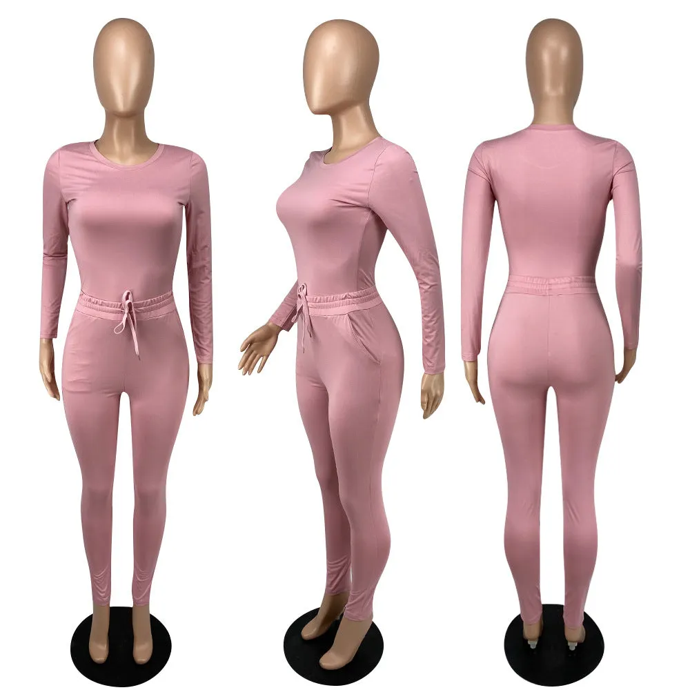 Casual Solid Color Slim Fit Long Sleeve Two Piece Set（AY1791）