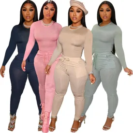 Casual Solid Color Slim Fit Long Sleeve Two Piece Set（AY1791）