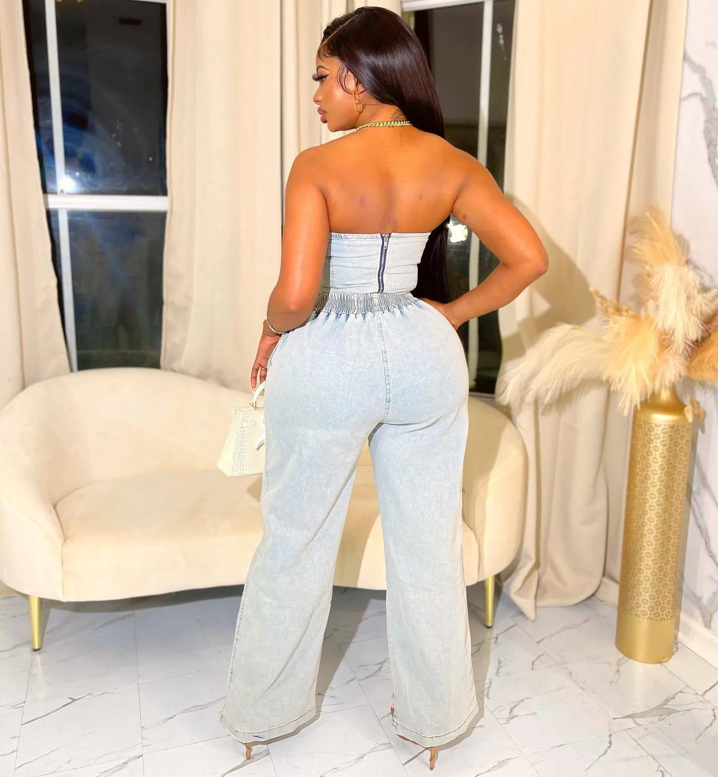 Casual stretch denim two-piece set AY3095