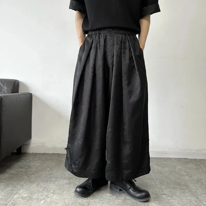 Chinese Style Men's Casual Pants Satin Jacquard Wide Leg Ankle-Length Pants Elastic Waist Summer Simple 9C6011