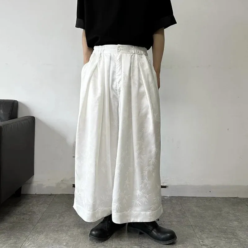 Chinese Style Men's Casual Pants Satin Jacquard Wide Leg Ankle-Length Pants Elastic Waist Summer Simple 9C6011