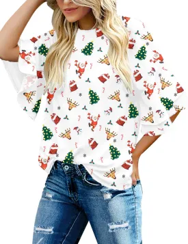 Christmas Print Crewneck Tiered Lace Short Sleeve Blouse