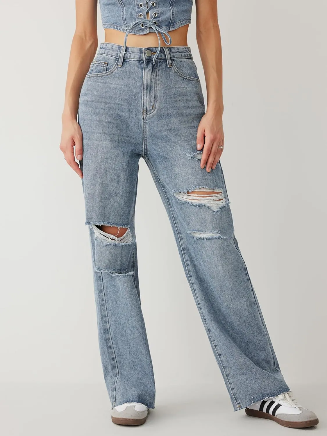 CIDER Womens Ripped Jeans High Waisted Distressed Baggy Straight Wide Leg Pants