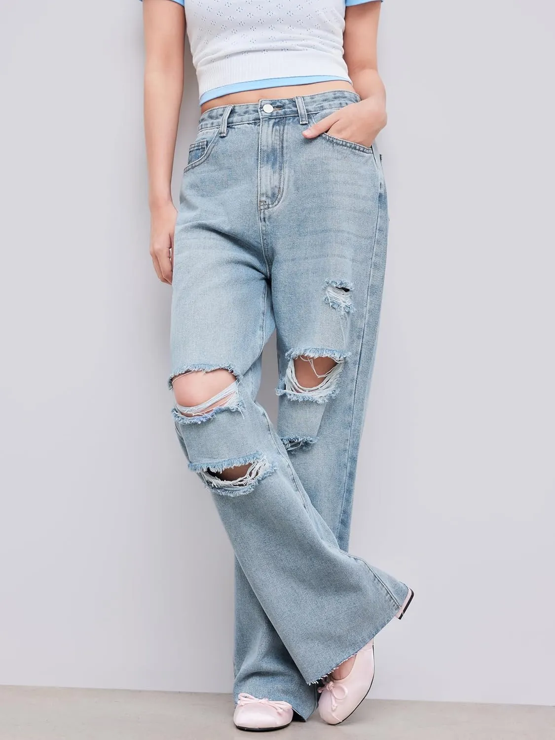 CIDER Womens Ripped Jeans High Waisted Distressed Baggy Straight Wide Leg Pants
