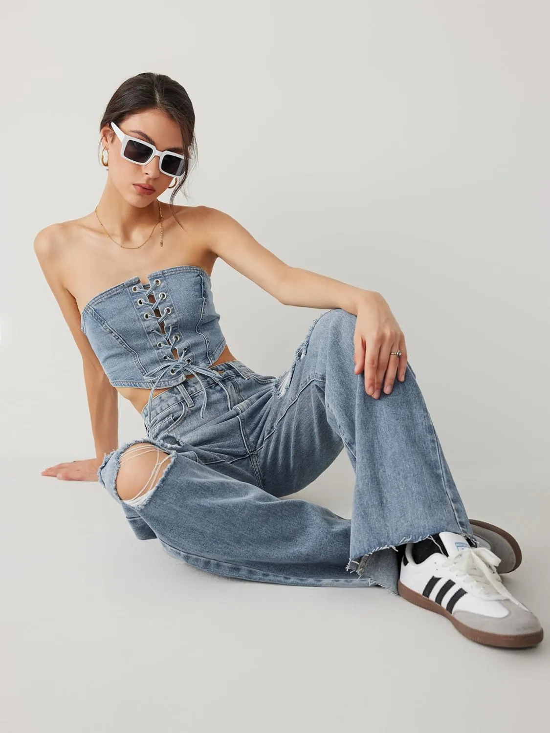 CIDER Womens Ripped Jeans High Waisted Distressed Baggy Straight Wide Leg Pants