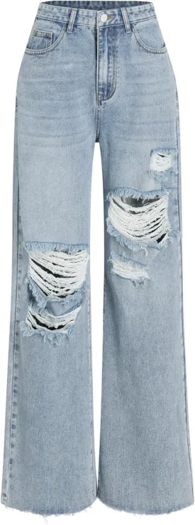 CIDER Womens Ripped Jeans High Waisted Distressed Baggy Straight Wide Leg Pants