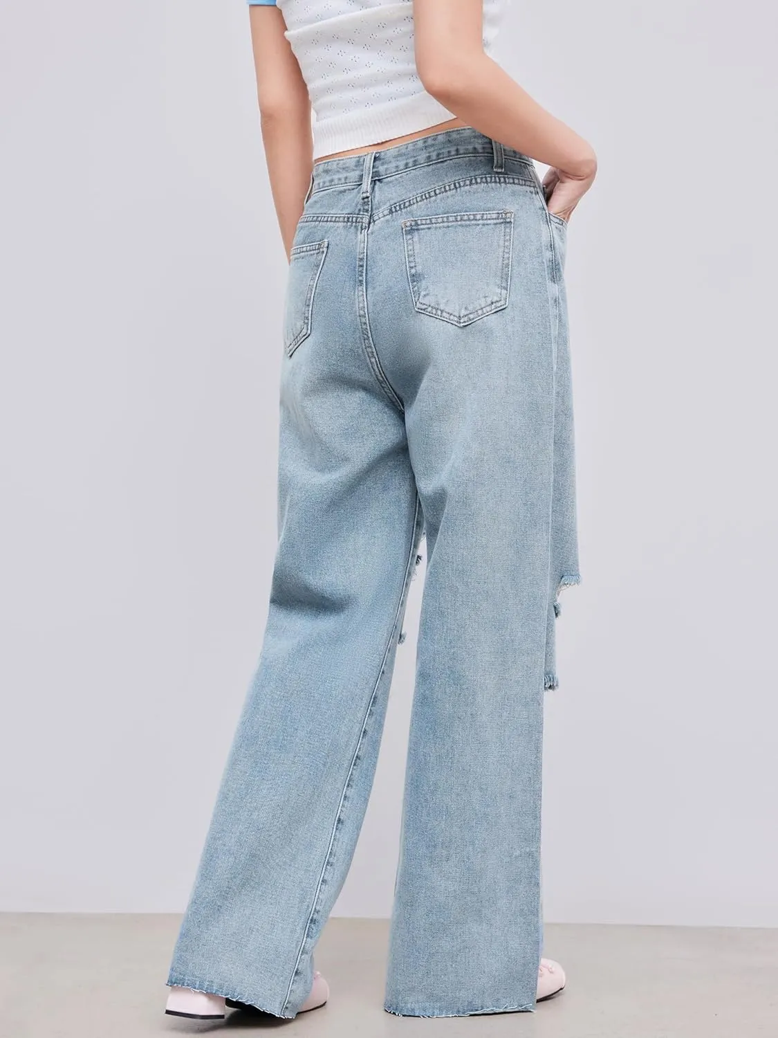CIDER Womens Ripped Jeans High Waisted Distressed Baggy Straight Wide Leg Pants