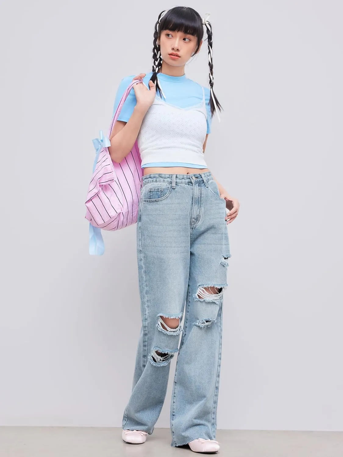 CIDER Womens Ripped Jeans High Waisted Distressed Baggy Straight Wide Leg Pants