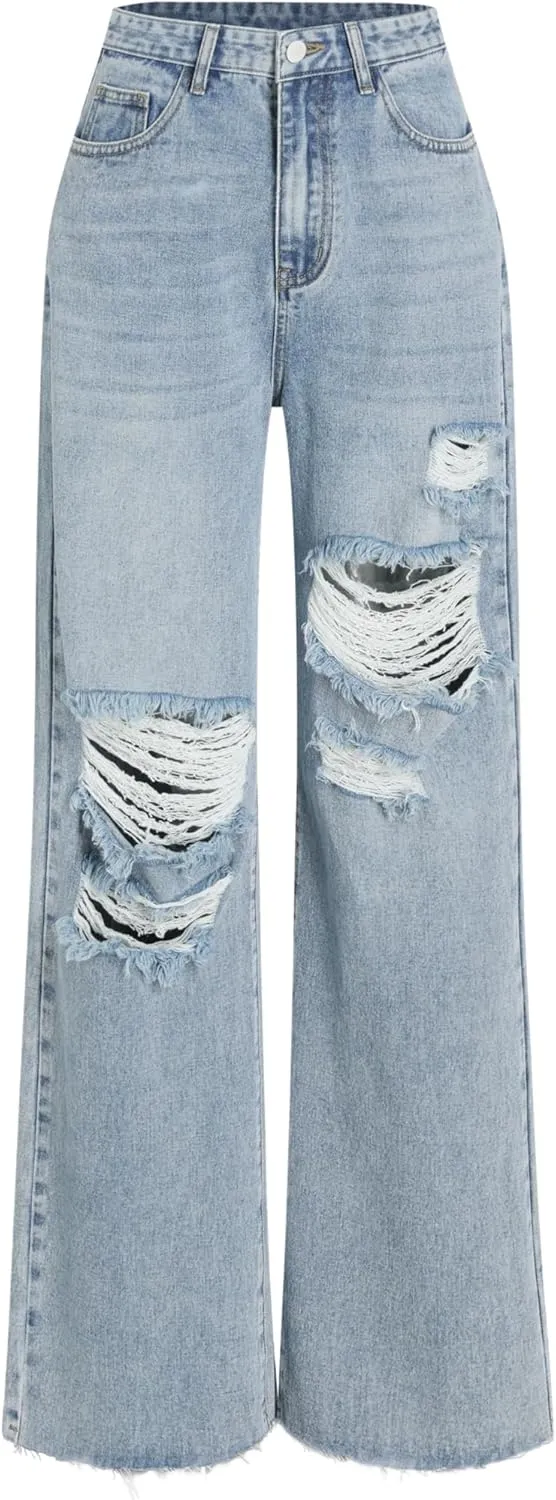 CIDER Womens Ripped Jeans High Waisted Distressed Baggy Straight Wide Leg Pants