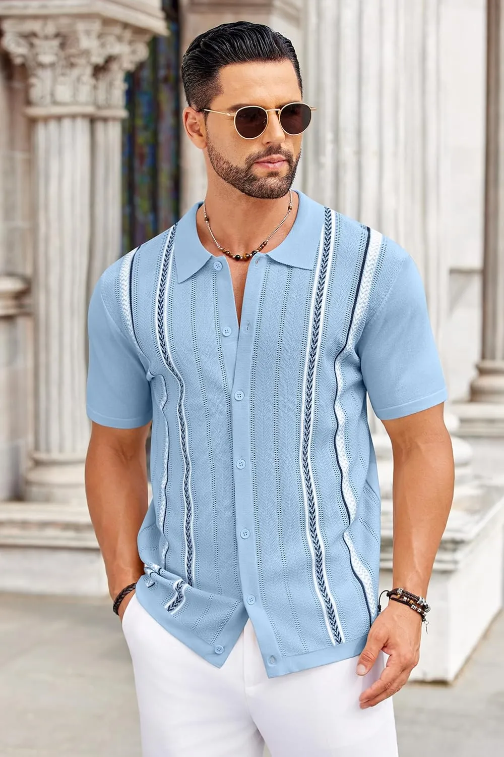COOFANDY Knit Shirts for Men Casual Short Sleeve Button Down Shirts Summer Beach Stretch Fit Collared Shirts