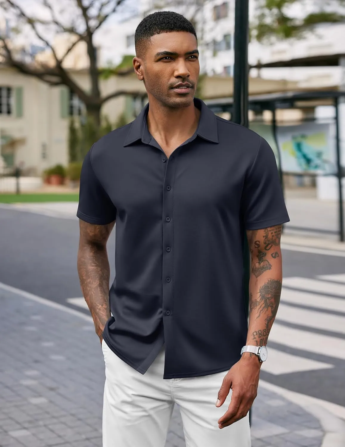 COOFANDY Mens Casual Wrinkle Free Shirts Short Sleeve Button Down Summer Stretch Dress Shirt