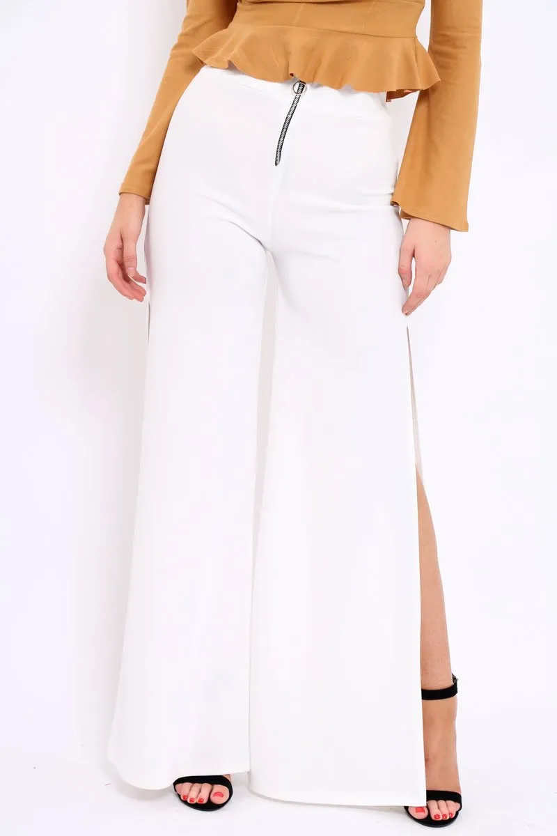 Cream Zip Front High Waisted Flare Trousers - Gerta