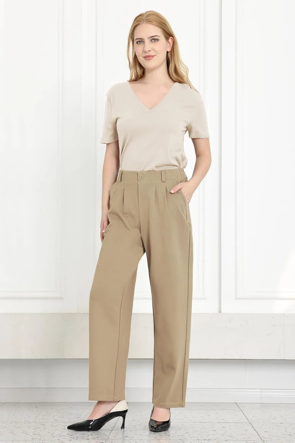 Dress Pants Women Straight Leg Work Business Office High Elastic Waisted Casual Slacks Trousers 29" with Pockets