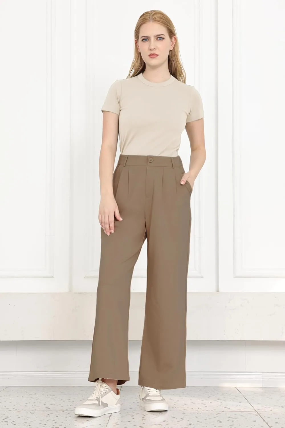 Dress Pants Women Wide Leg Work Business Office High Waisted Zipper Casual Slacks Trousers with Pockets 29"