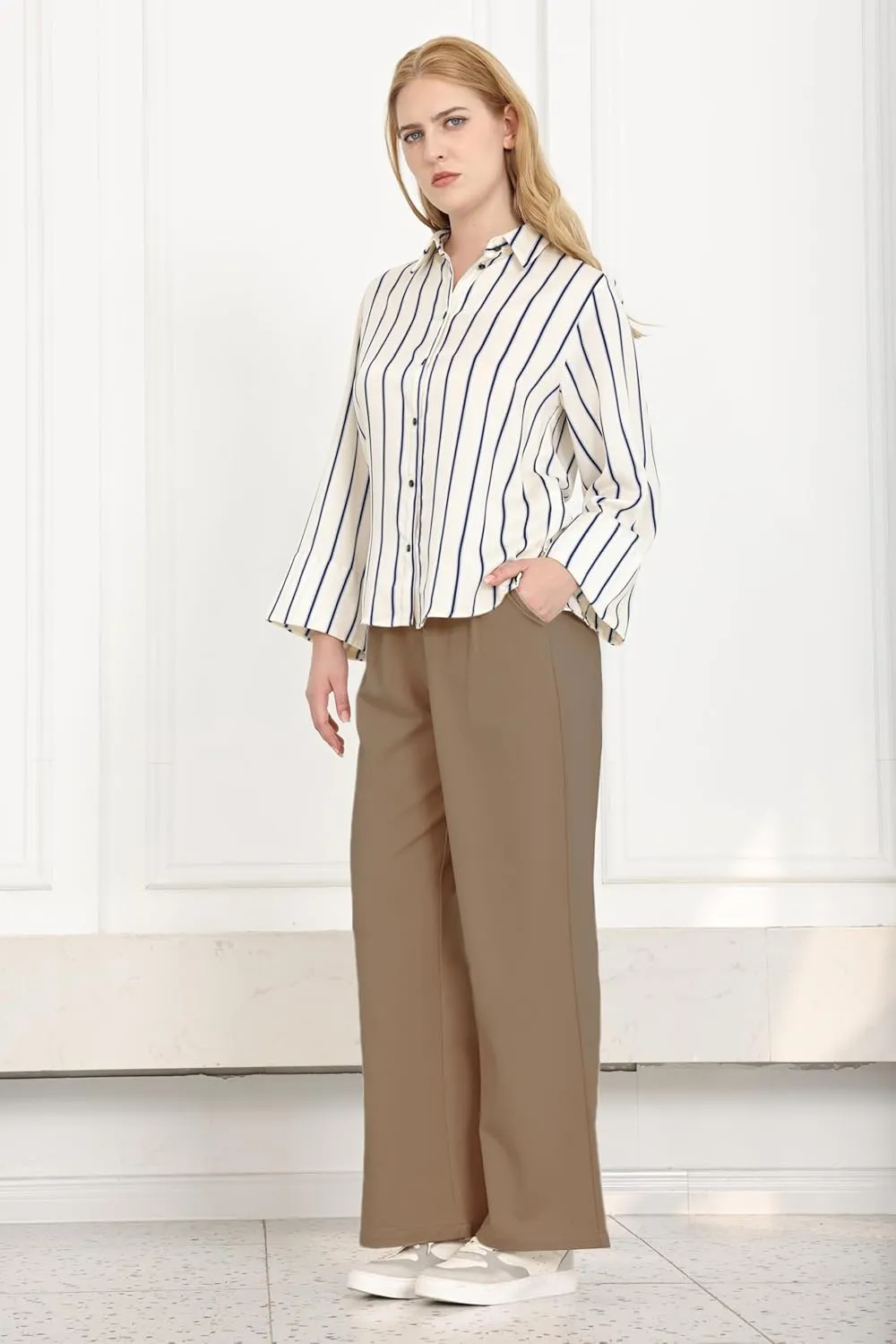 Dress Pants Women Wide Leg Work Business Office High Waisted Zipper Casual Slacks Trousers with Pockets 29"